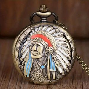 Native American Indian Style Vintage Bronze Pocket Watch with Chain Necklace